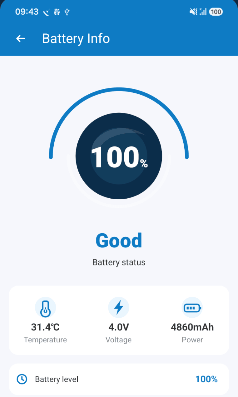 Battery Info screen showing 100 percent, Good status, 31.4 degrees Celsius, 4.0 volts and 4860 mAh