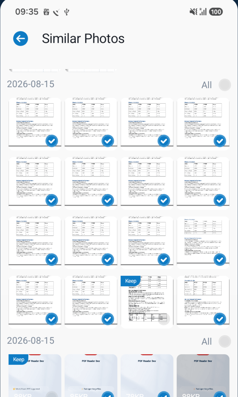 Similar Photos screen with duplicate images grouped by date, most pre-selected and one marked Keep