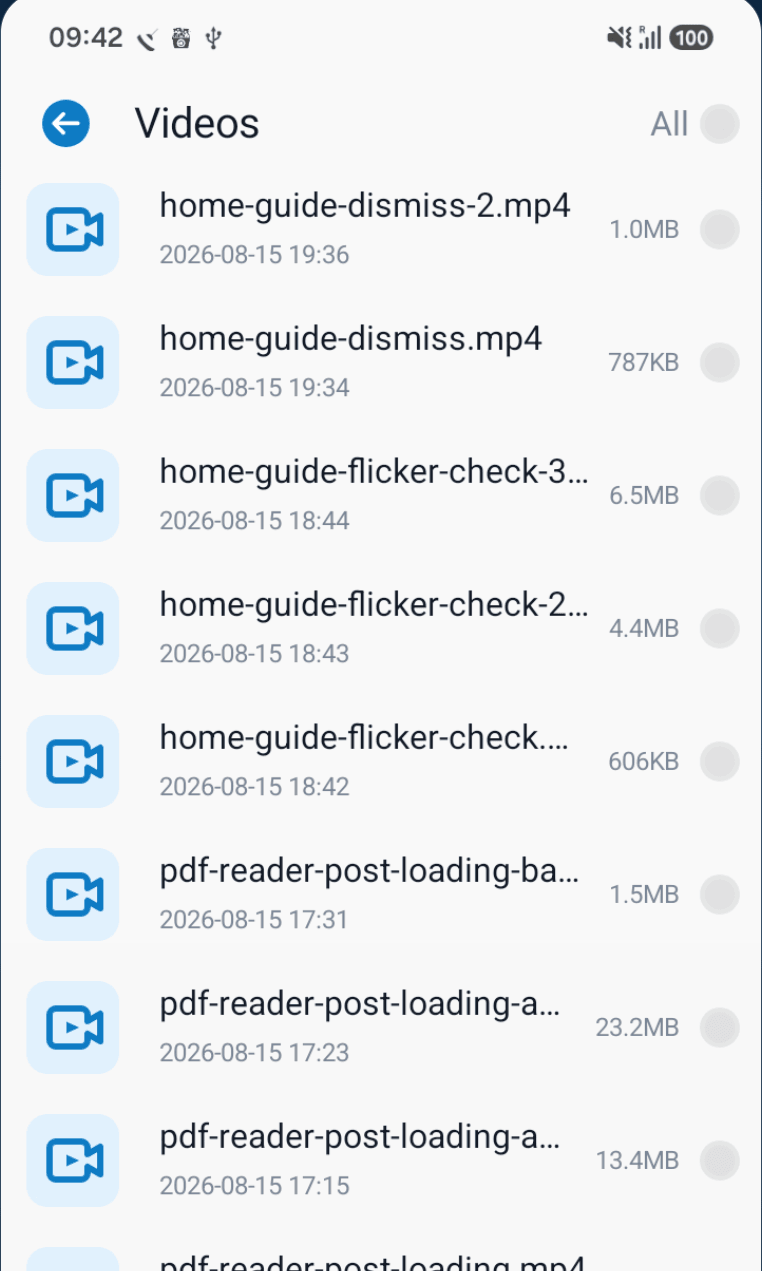 Video list screen showing recordings with file names, dates and sizes